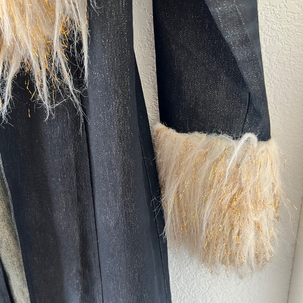 RARE Vintage Blanc Noir Boho Trench Coat Faux Fur Gold Tinsel Trim Size M - Picture 5 of 10